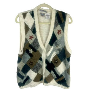 Vintage Huntington Ridge Sweater Vest Women Large White Brown Hand Knit Buttons